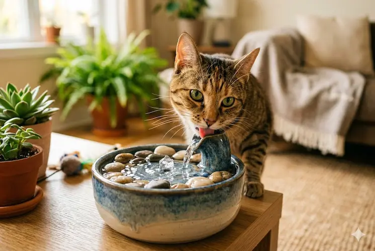 Gato malhado bebendo água corrente de uma fonte de cerâmica em uma sala iluminada, representando a hidratação correta e saudável para felinos.