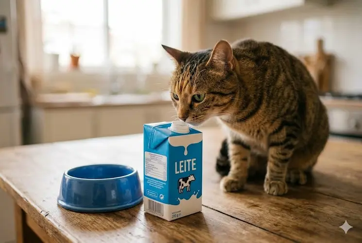 Gatinho filhote malhado sendo alimentado com mamadeira contendo Pet Milk (sucedâneo), uma alternativa segura para órfãos.