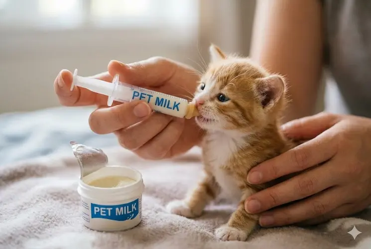 Gatinho filhote malhado sendo alimentado com mamadeira contendo Pet Milk (sucedâneo), uma alternativa segura para órfãos.