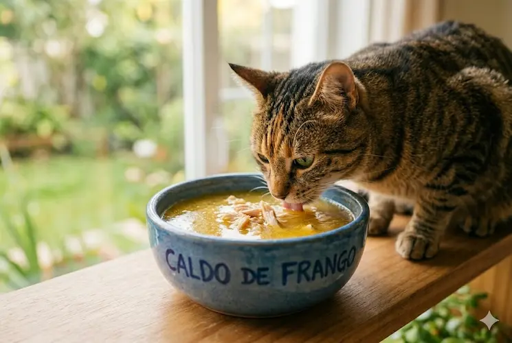 Gato malhado adulto bebendo caldo de frango caseiro em uma tigela de cerâmica azul, uma alternativa segura e hidratante ao leite.