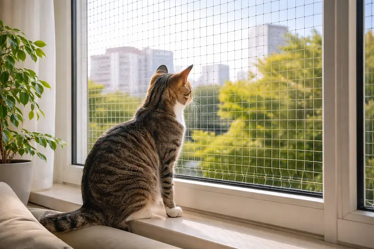 tela de proteção para gatos instalada em janela de apartamento com gato observando o ambiente externo