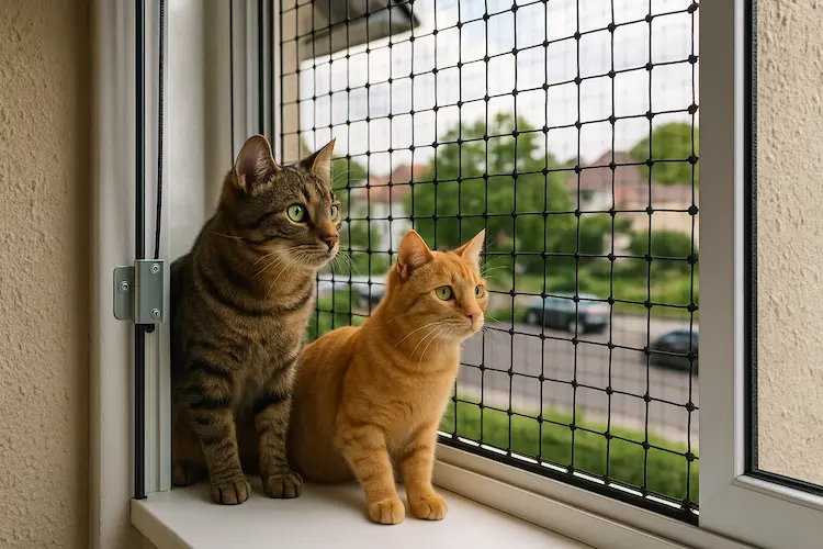 Tela de proteção para gatos: quando ela é necessária . tela de proteção para gatos em janela de apartamento com dois gatos observando o exterior
