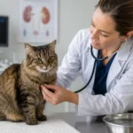 Veterinária examinando gato em clínica, com foco em cuidados para insuficiência renal em gatos.