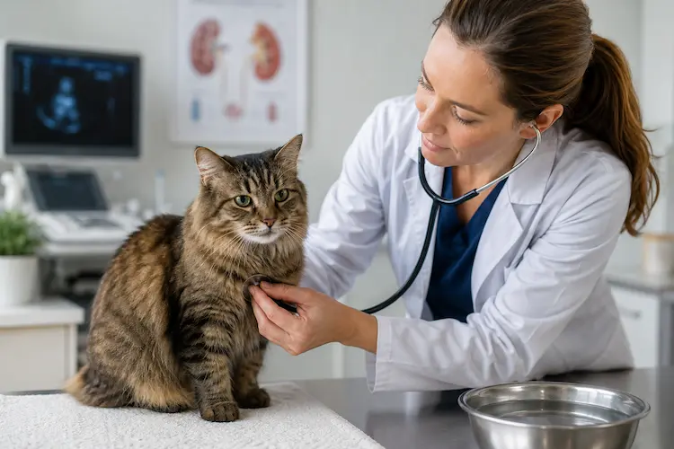 Veterinária examinando gato em clínica, com foco em cuidados para insuficiência renal em gatos.