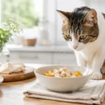 Gato observando tigela com comida caseira simples em cozinha limpa, com frango cozido e abóbora sem temperos.