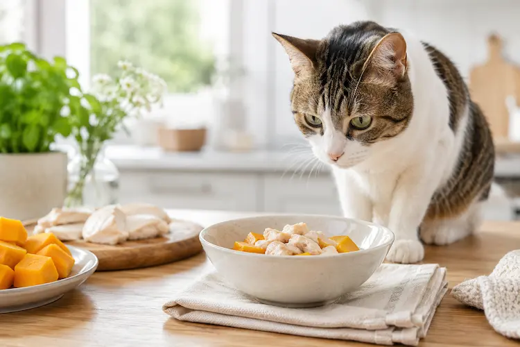 Gato observando tigela com comida caseira simples em cozinha limpa, com frango cozido e abóbora sem temperos.