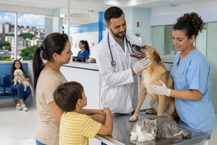 Veterinário atendendo cachorro e gato em hospital veterinário público, com tutores acompanhando a consulta em ambiente clínico moderno e acolhedor.