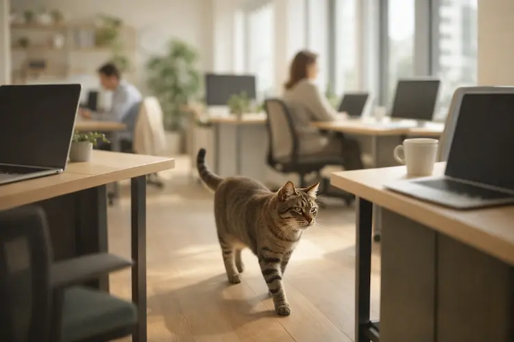 Gatos no escritório representados por um gato caminhando calmamente entre mesas de trabalho em um ambiente corporativo iluminado e tranquilo