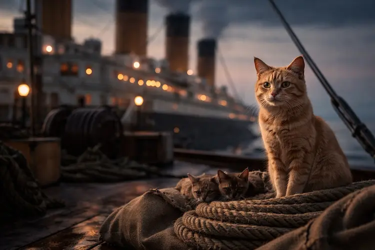 Gato do Titanic representado por um gato solitário sentado em convés de navio antigo, em clima silencioso e contemplativo