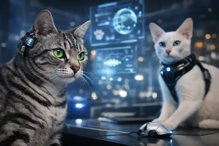 Dois gatos observando um ambiente moderno e iluminado, representando a evolução e como serão os gatos do futuro.