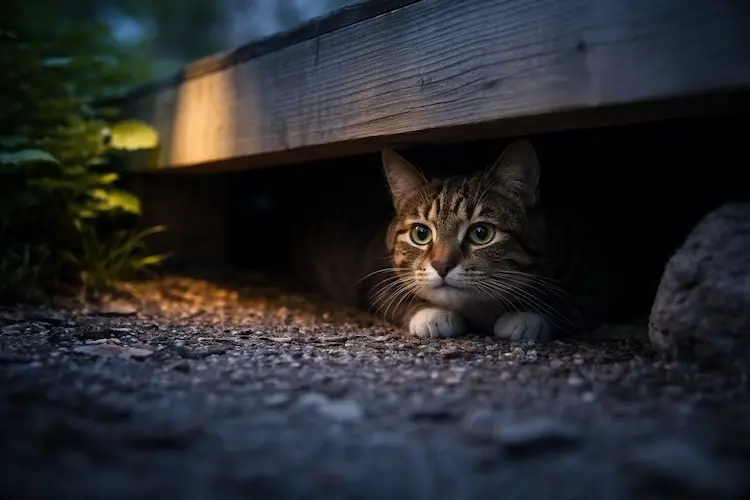 Gato escondido em silêncio em um ambiente urbano, comportamento comum de um gato que sumiu e está assustado