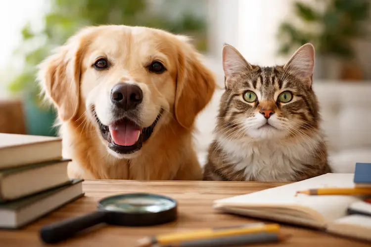 Cão e gato observando o ambiente juntos, representando a comparação científica entre a inteligência de cães e gatos.