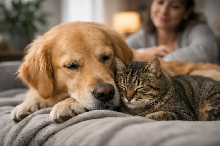 Cão e gato descansando juntos em ambiente doméstico calmo, representando bem-estar e a importância de observar sinais de dor em cães e gatos