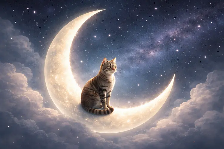Gato em silêncio sob a luz da lua, em cena contemplativa que remete à lenda de que os gatos vieram da lua