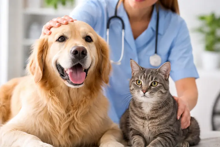Cão e gato em ambiente calmo e acolhedor, representando cuidado, bem-estar e a importância do diagnóstico e tratamento do câncer em pets