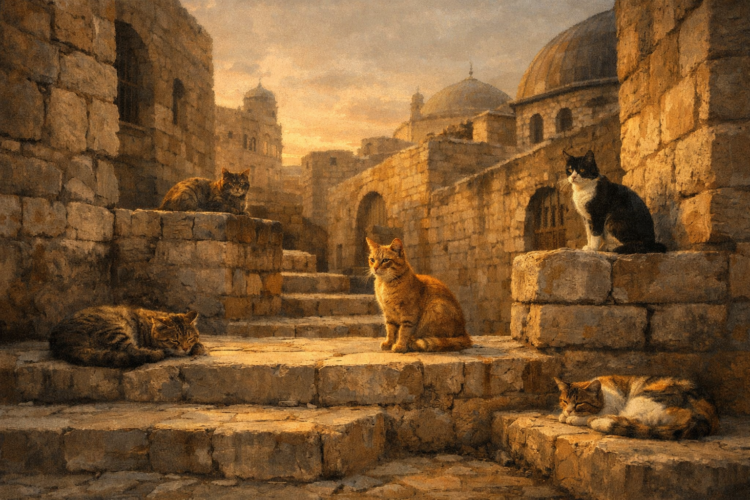 Por que há tantos gatos em Jerusalém retratado por gatos descansando em escadarias de pedra antigas da cidade ao entardecer, integrados ao ambiente urbano histórico