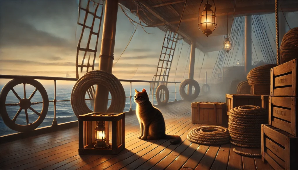 O gato do Titanic: quando o instinto fala mais alto que as máquinas . Nele, um gato solitário observa o horizonte no convés de um navio antigo, em cena silenciosa que remete ao instinto e à atenção felina, o gato do Titanic.