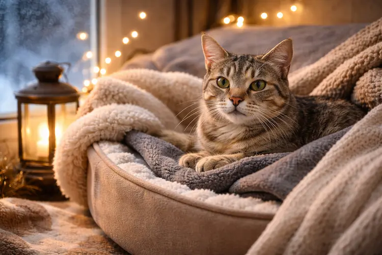 Gato tigrado deitado em cama macia com mantas quentes durante o inverno, em ambiente interno aconchegante.
