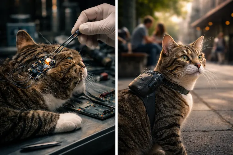 Gato doméstico caminhando em ambiente urbano tranquilo, simbolizando a imprevisibilidade do comportamento felino fora de ambientes controlados