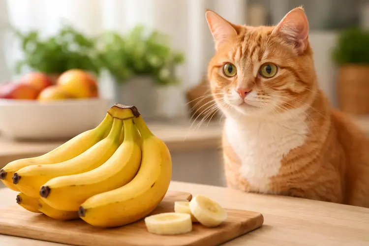 gato observando banana com curiosidade em ambiente doméstico seguro para alimentação felina