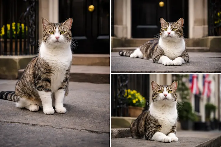 Larry, o gato da Downing Street, em diferentes poses na entrada do governo britânico