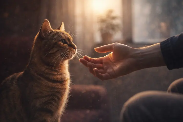 Gato doméstico de pelo curto observando calmamente o ambiente interno, representando curiosidade e adaptação à convivência com humanos.