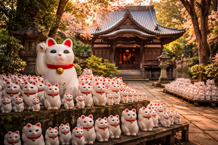 Templo Gotokuji em Tóquio com dezenas de estátuas maneki-neko alinhadas diante do santuário tradicional japonês.
