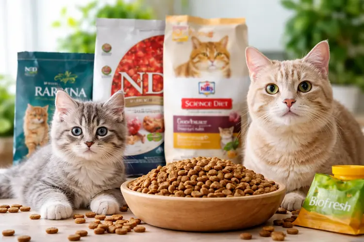 Melhores rações para gatos disponíveis no mercado brasileiro em ambiente doméstico, com gato saudável ao lado do alimento
