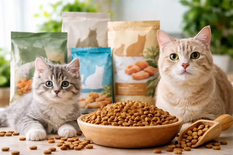 Gatos observando recipientes com ração seca e úmida em ambiente doméstico neutro