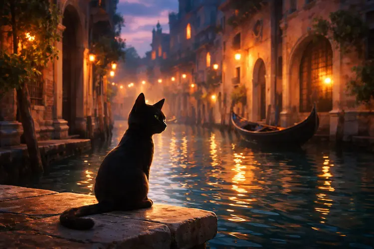 Gato preto atravessando uma rua de Veneza ao entardecer, inspirado na animação Gatto da Pixar, com atmosfera acolhedora e cinematográfica