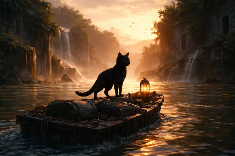 Gato preto protagonista do filme Flow (2025) em cena contemplativa, símbolo da animação indicada ao Oscar