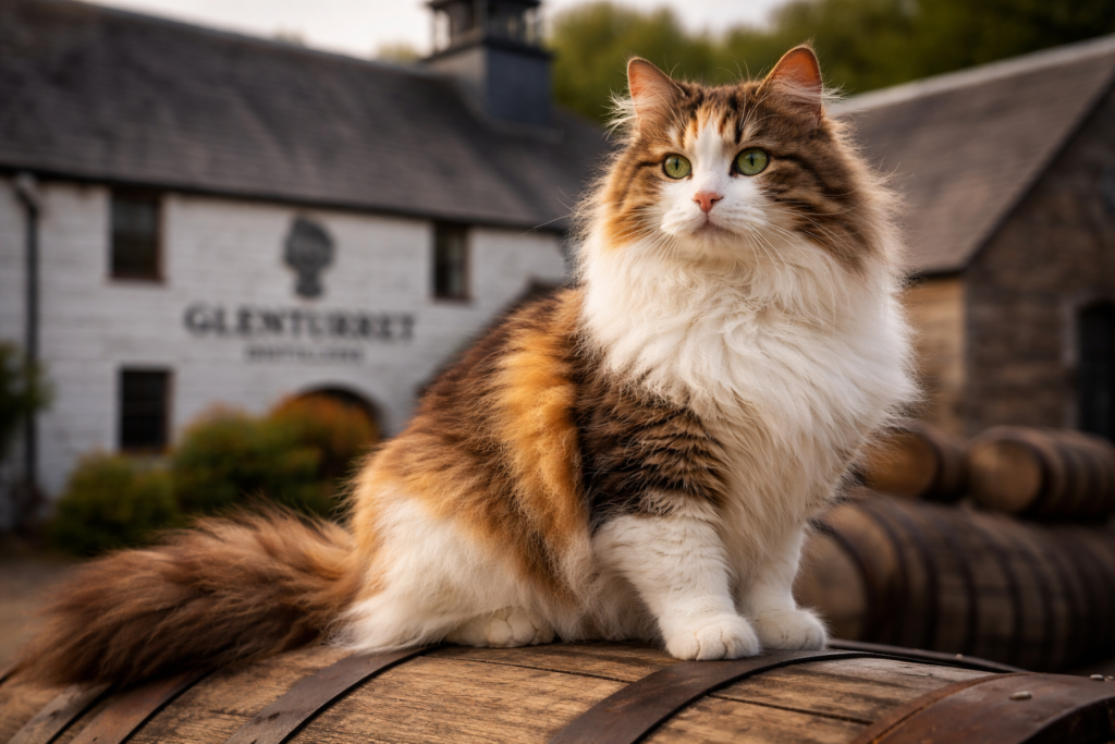 Towser, a gata recordista, de pelo comprido e pelagem tricolor, sentada com postura atenta e expressão confiante