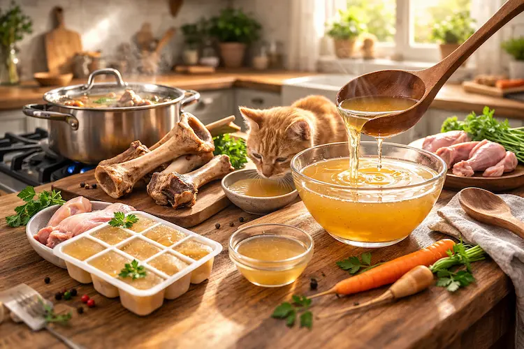 Gato laranja bebendo caldo de ossos em tigela de vidro sobre mesa de madeira com ossos e ingredientes naturais ao redor.