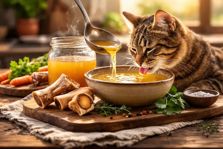 Gato tigrado lambendo caldo de ossos em tigela cerâmica com ossos bovinos e ervas ao fundo.