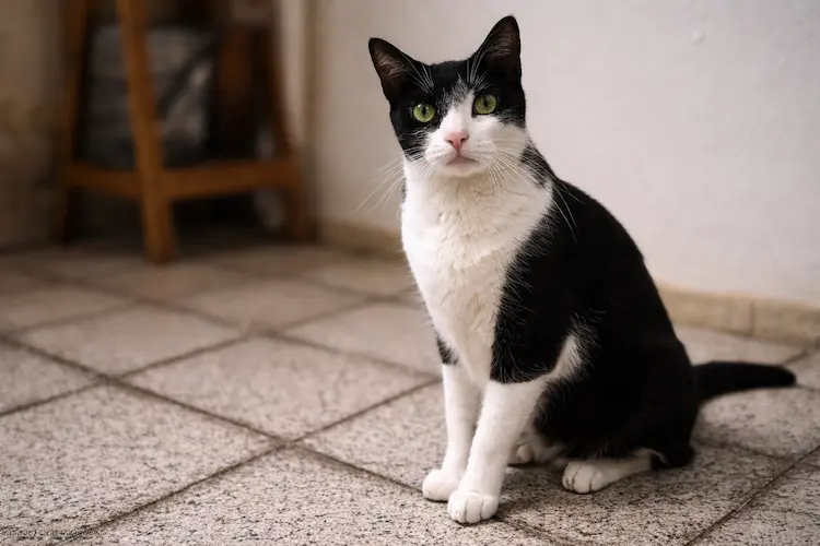 Carminha, a gata do filme O Agente Secreto, felina preto e branca sentada, reconhecida internacionalmente por sua atuação premiada no cinema brasileiro