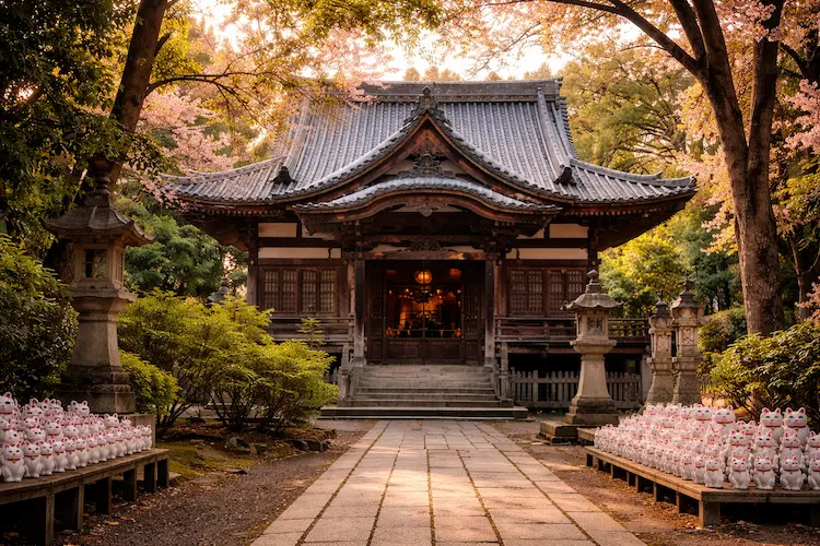 Templo Gotokuji, em Tóquio: famoso por ser cheio de gatos da sorte . Templo Gotokuji em Tóquio com arquitetura tradicional japonesa, caminho de pedra central e estátuas maneki-neko alinhadas nas laterais.