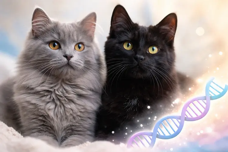 Gato cinza e gato preto lado a lado mostrando que o gato cinza é preto diluído pela genética