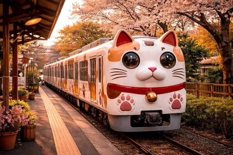 Templo Gotokuji, em Tóquio: famoso por ser cheio de gatos da sorte 1. Trem temático de gato chegando à estação no Japão, decorado com rosto felino e patas, cercado por cerejeiras.