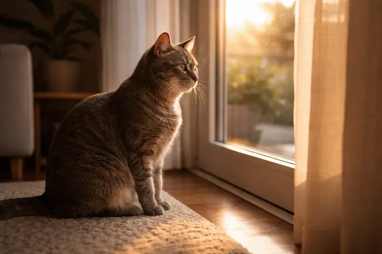 Gato doméstico tigrado observando a luz natural próxima a uma janela, em ambiente calmo que remete à percepção do tempo felino.