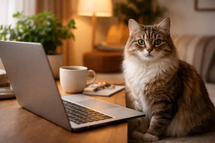 Gato doméstico ao lado de notebook em ambiente aconchegante representando newsletter para tutores de gatos.