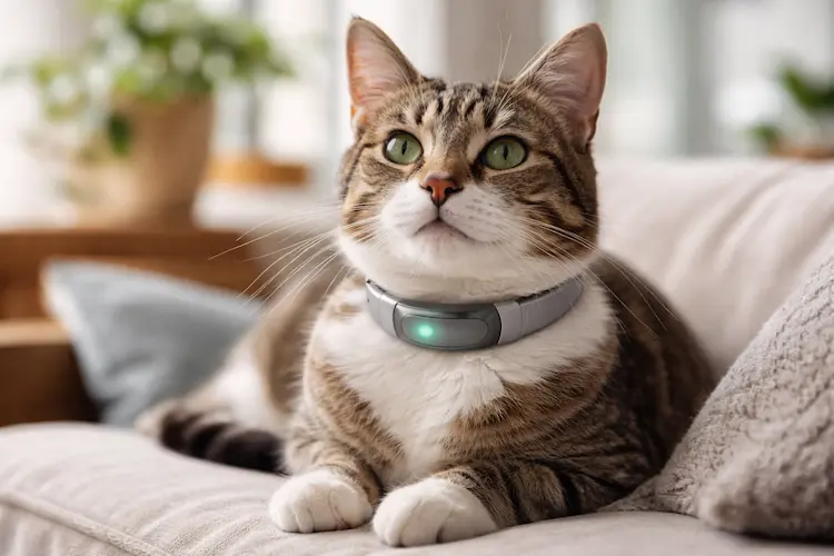 Gato usando coleira inteligente com sensor integrado semelhante a smartwatch, monitorando saúde e atividade