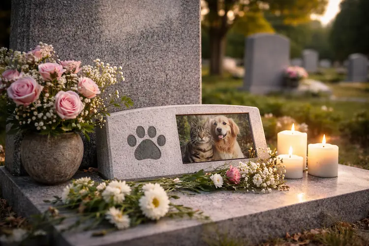 Memorial sereno em cemitério com lápide simples decorada com flores brancas e uma pequena escultura de animal, em ambiente tranquilo e iluminado por luz natural suave.