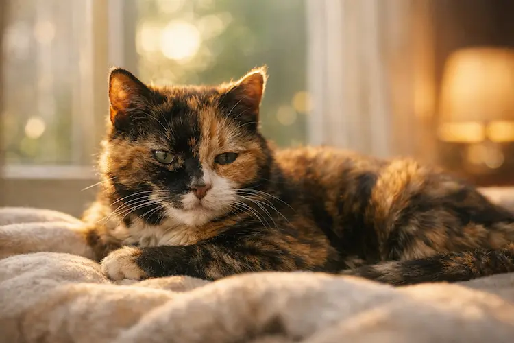 Flossie: a gata mais velha do mundo descansando tranquilamente em ambiente doméstico iluminado por luz natural suave