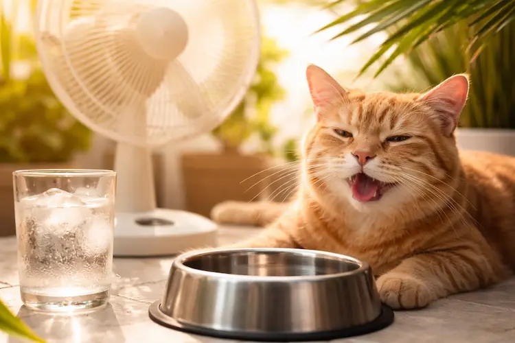 Gato laranja deitado em ambiente iluminado, com expressão relaxada, representando cuidados no verão seguro para proteger seu gato do calor e do estresse.