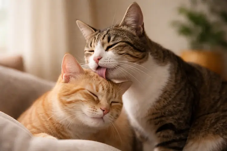 Dois gatos se lambendo em ambiente tranquilo, representando vínculo social e comportamento natural entre felinos