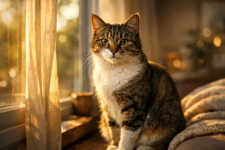 Gato rajado e branco sentado ao lado de outro gato em ambiente interno com luz natural suave entrando pela janela, atmosfera acolhedora e tranquila.