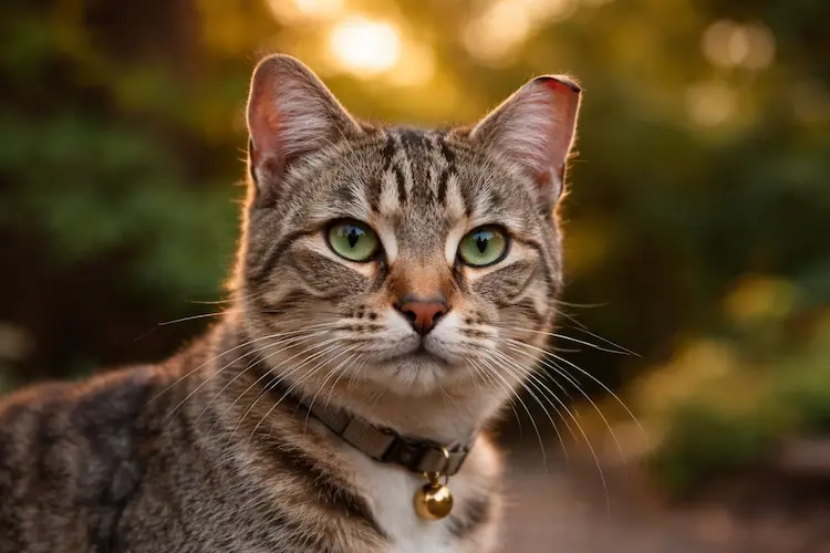 Gato tigrado ao ar livre com a ponta da orelha esquerda cortada, indicando ear tipping após castração.