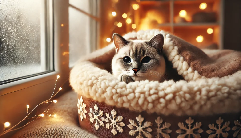 Gato dormindo em cama felpuda com mantas quentes em ambiente interno aconchegante no inverno
