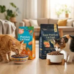 Início 9. Esta imagem apresenta uma comparação lado a lado de dois tipos de ração para gatos em uma sala de estar bem iluminada. Do lado esquerdo, um gato tigrado laranja come de uma tigela estampada em frente a um saco de ração para gatos "Premium", com ilustrações de um gato e peixes em um fundo azul. Do lado direito, um gato chita come de uma tigela branca e lisa sobre um suporte de madeira em frente a um saco de ração para gatos "Super Premium" em um fundo preto sofisticado, com ilustrações de salmão e texto sobre "Ingredientes Holísticos". Ambas as tigelas estão cheias de ração. O fundo inclui um sofá borrado e plantas domésticas em vasos.