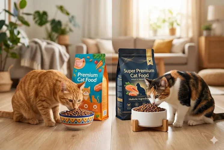 Esta imagem apresenta uma comparação lado a lado de dois tipos de ração para gatos em uma sala de estar bem iluminada. Do lado esquerdo, um gato tigrado laranja come de uma tigela estampada em frente a um saco de ração para gatos "Premium", com ilustrações de um gato e peixes em um fundo azul. Do lado direito, um gato chita come de uma tigela branca e lisa sobre um suporte de madeira em frente a um saco de ração para gatos "Super Premium" em um fundo preto sofisticado, com ilustrações de salmão e texto sobre "Ingredientes Holísticos". Ambas as tigelas estão cheias de ração. O fundo inclui um sofá borrado e plantas domésticas em vasos.